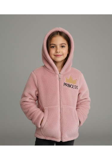 Princess Yazılı Taç Nakışlı Gül Kurusu Pelüş Kapüşonlu Kız Çocuk Hırka Gül Kurusu