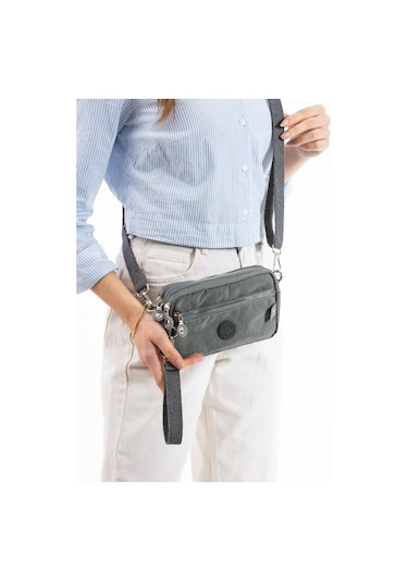 Klinkır Kumaş Mini Çapraz Askılı Kadın Çanta Yağmur Geçirmez El Askılı Çanta 20 10 Cm Mega Bag Gri