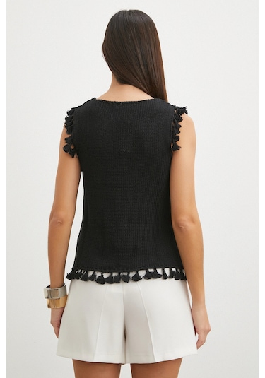 Uterpe Omuz Püsküllü Crop Triko Siyah