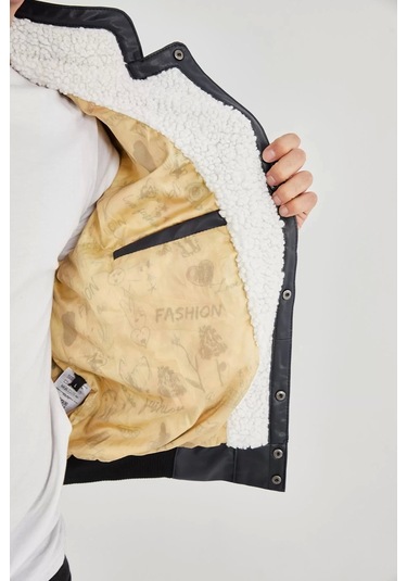 Erkek İçi Astarlı İçten Yaka Kısmı Peluşlu Suni Kumaş Vintage Ceket - Lacivert Lacivert