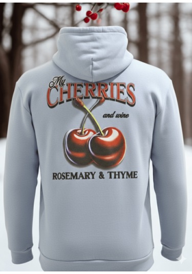 Feydi Unisex İçi Polarlı Kapüşonlu Sweatshirt Cherries Baskılı Açık Mavi