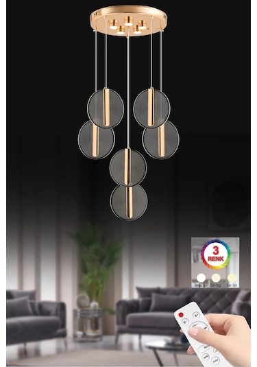 İstanbul Avize Parla 6'lı Gold Sarkıt Kumandalı Üç Renk Led Lüx Modern Ledli Avize