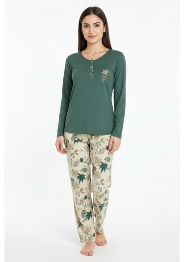 Üstü Yazılı Altı Yaprak Desenli Elite Viscose Uzun Pijama Takımı Yeşil 3565 Yeşil