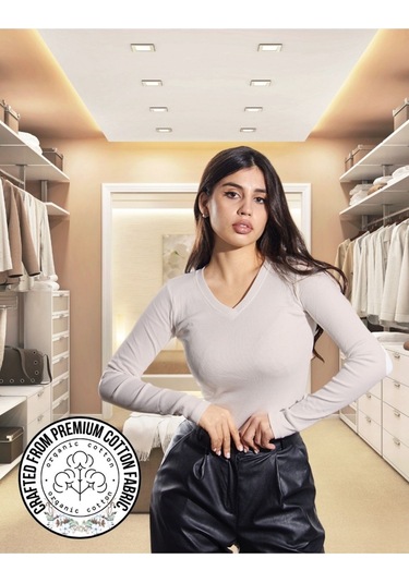 Pamuklu Kaşkorse V Yaka Body Sweatshirt, Fitilli Kumaş Likralı Bluz, Asker Yeşili Badi Ekru