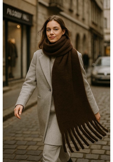 Kadın Püskül Detay Atkı Omuz Şalı 40x200 Cm 1295 Kahverengi Kahverengi