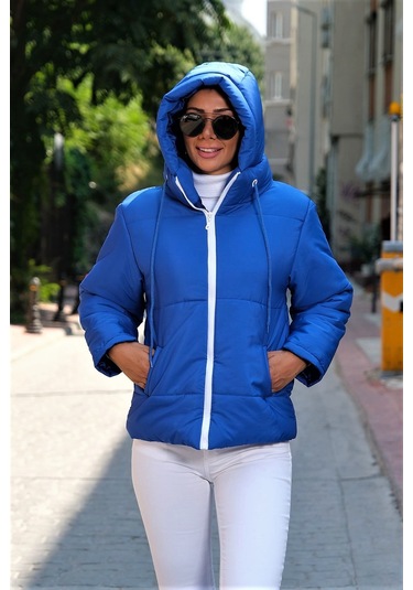 Kadın Saks Mavi Su Geçirmez Kapüşonlu Şişme Mont