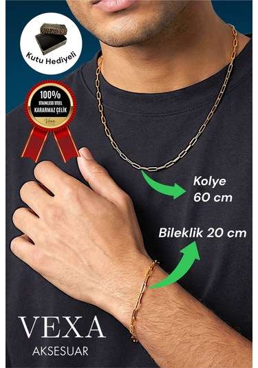 Kararmaz İthal Çelik Ataç Model Zincir Kolye & Bileklik Set Özel Kutulu, Hediyeli Ürün Altın