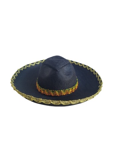 Meksika Mariachi Latin Şapkası Lüks 41cm Siyah Zemin Üstüne Altın Sim Kenarlıklı Parti Kostümü