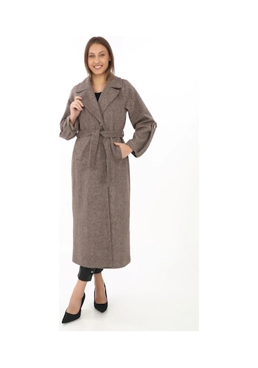 Kadın Uzun Kaşe Kaban Yünlü Dokuma Kaşmir Kumaş, Kruvaze Yaka, Kuşaklı Astarlı Tesettür Uyumlu Şık Vizon