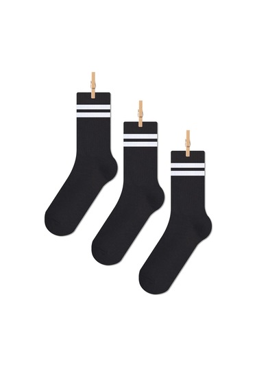 Siyah Çemberli Dört Mevsim Unisex 3'lü Uzun Tenis Çorap Seti Çok Renkli