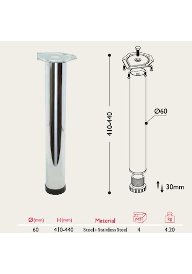 Gürçayhırdavat Sehpa Ayağı 13.181 - 60Mm Krom 41Cm (4 Adet)