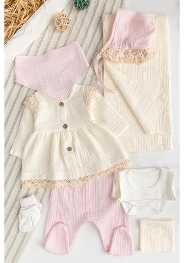 Müslin %100 Pamuklu 8 Li Kız Bebek Hastane Çıkışı Bebek Takımı Yeni Doğan Set