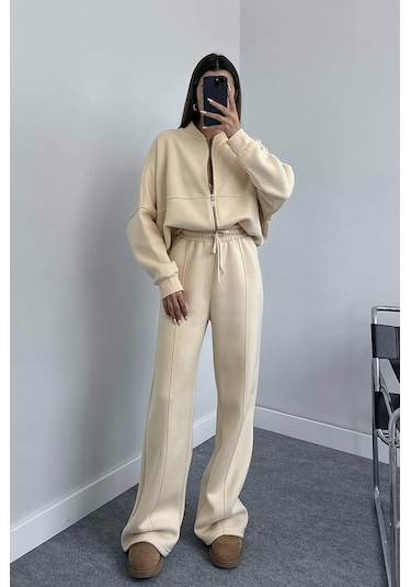 Dip Moda Kadın Pamuklu Kışlık Sweat Pantlon Eşofman Takımı Dpgts018 Bej