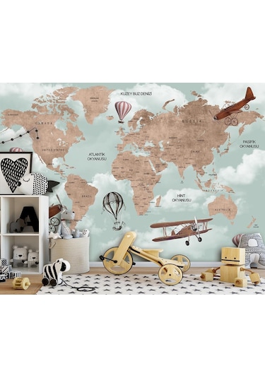 Dünya Haritası Ve Uçaklar Çocuk Odası Duvar Kağıdı (397455173)