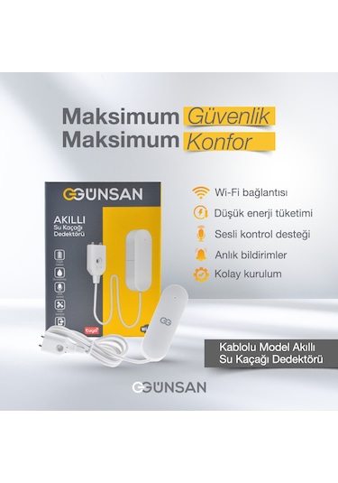 Günsan Akıllı Wifi Su Kaçağı Dedektörü Kablolu Tuya & Smart Life Uyumlu