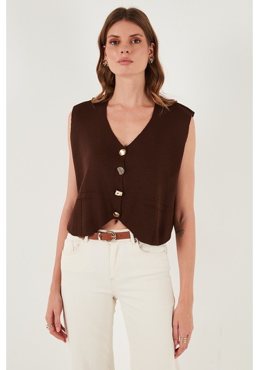 Lela Standart Fit V Yaka Düğmeli Triko Bayan Yelek 4616177 Kahve