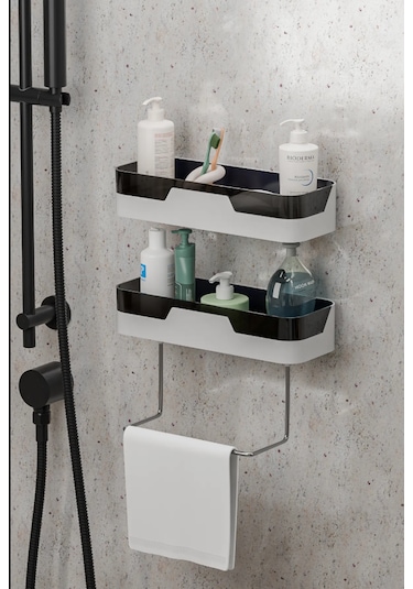 Roza 2 Katlı Banyo Rafı Banyo Düzenleyicisi Havlu Tutacaklı Siyah Beyaz