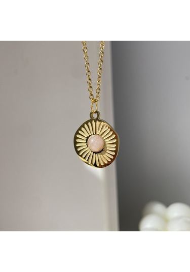 Soulader Kadın S Beden Pembe Doğal Taş Kolye Altın Kaplama Çiçek Desenli Su Damlası Geometrik Şık Paslanmaz Çelik Kolye Aksesuar Çok REnkli