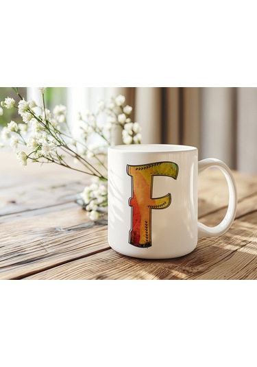 F Harf Yaprak Renkleri İle Kupa Bardak - Kişiye Özel Alfabe Harfli Bardak - Hediye Beyaz