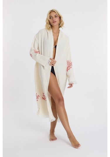 Mulberry Muslin Peştemal Bornoz Banyo Ve Plaj Elbisesi Kırmızı