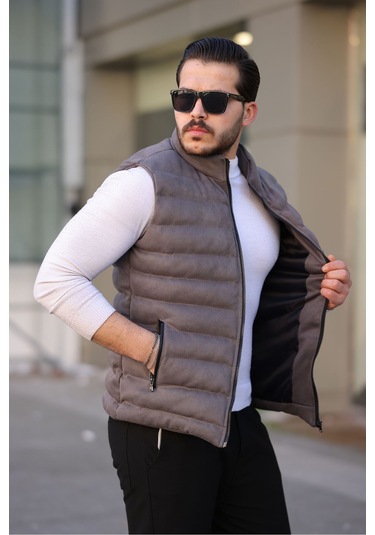 Erkek Gri Nubuk Süet Şişme Yelek