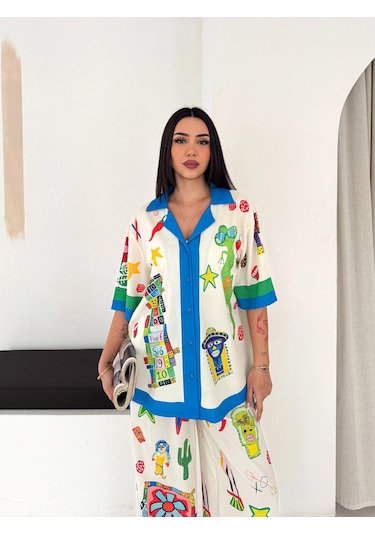 Asprin Fashion Egzotıc Baskılı Gömlek Pantolon Tkım Mavi