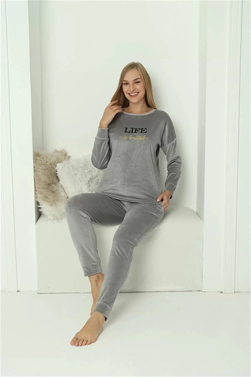 Moda Kadın Kadife Gri Pijama Takım Gri