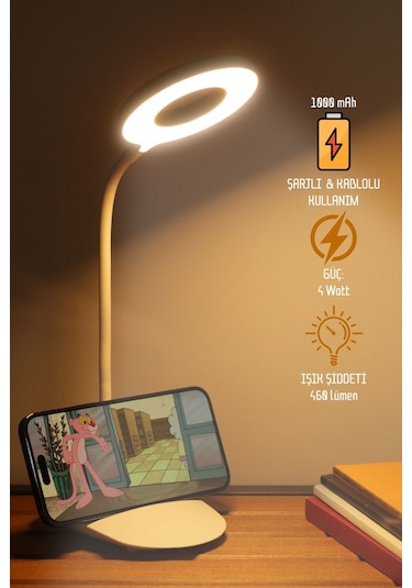 Şarjlı Masa Lambası Dokunmatik 3 Renk 24 Led Telefon Standlı Kademeli Çalışma Okuma Işığı