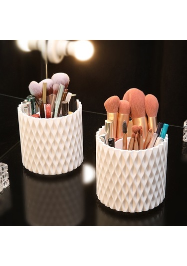 Sones Büyük Kapasiteli Döner Kozmetik Saklama Kutusu Makyaj Fırçası Saklama Tüpü Kapaklı Beyaz