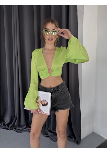 Saten Crop Toka Detaylı Bluz - Yeşil Karışık