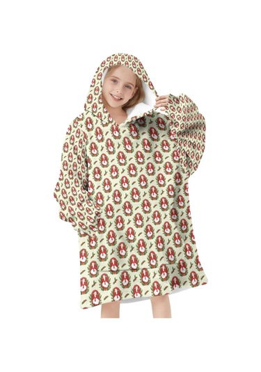 Noel Temalı 6-13 Yaş Çocuk Giyilebilir Battaniye Hoodie, Kalın Peluş, Büyük Boy-a150 Krem - Pembe