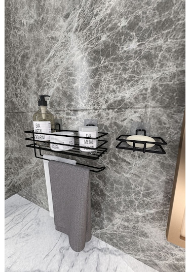 Corelle Kitchen Yapışkanlı Banyo Rafı Kağıt Havlu Tutacağı Ve Metal Sabunluk Set Düzenleyici Siyah