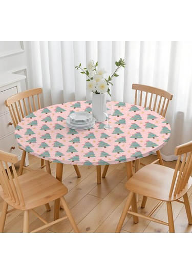 Noel Desenli Yuvarlak Elastic Masa Örtüsü, 45-52 İnç, Suya Dayanıklı, Piknik Ve Kamp İçin Noel Ağacı Kurdele