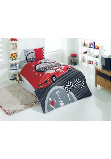 Kristal Tek Kişilik Ranforce Dört Mevsim Kapitoneli Nevresim Takımı Yarışçı Kırmızı