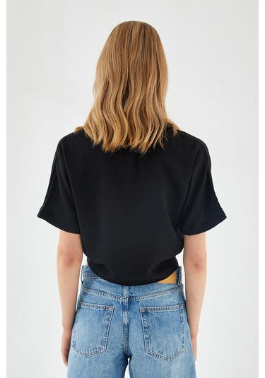 4230 Kadın Bağlamalı Yazlık Keten Gömlek Siyah Siyah