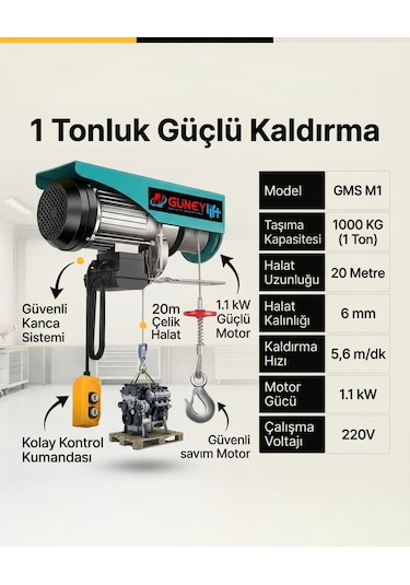 Monoray Vinç Sistemi 1 Ton 20 Metre Halatlı Kumandalı 220v