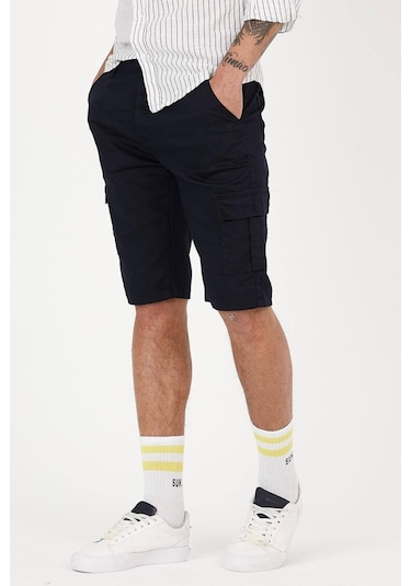 Erkek Lacivert Renk Kargo Yandan Cepli Esnek Kumaş Slim Fit Kapri Şort Lacivert