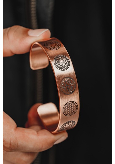 Erkek Bakır Bileklik - Yaşam Çiçeği - Lotus - Sri Yantra - Om Sembolü - Erkek Bakır Kelepçe Bileklik Rose Gold
