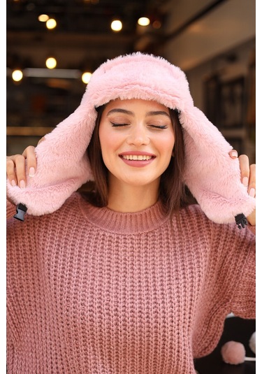 Çıtçıtlı Kürklü Kulaklıklı Peluş Bere Şapka Rkş-03 Pudra Pudra