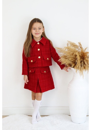 Kız Çocuk Carmen Kırmızı Tüvit Uzun Kollu Düğmeli Etek Ceket Takım Kırmızı