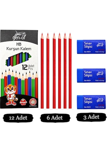 Gen-of Hb Köşeli Kurşun Kalem 12'li + Kopya Kalemi 6'lı Kırmızı + Sınav Silgisi 3'lü