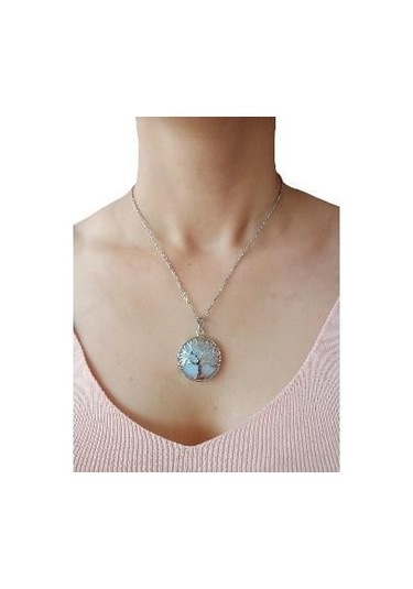 Opalit Doğal Taşlı Hayat Ağacı Çelik Kolye - Kadın Beyaz