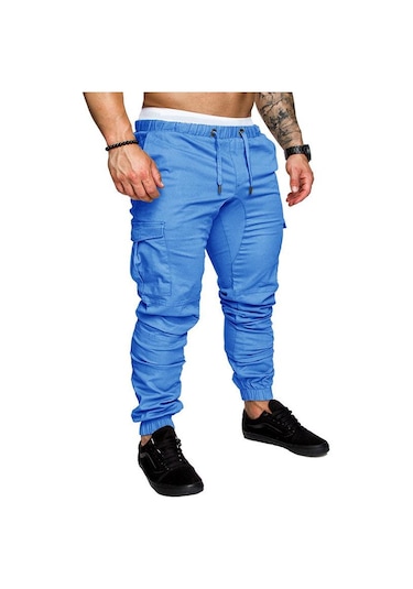Erkek İlkbahar Ve Sonbahar Uzun Pantolon Moda Günlük İpli Elastik Pantolon Düz Renk Cepli Pantolon Açık Mavi