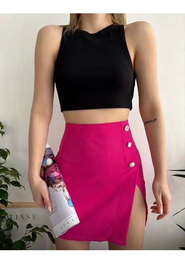 Üç Taşlı Mini Etek Fuşya
