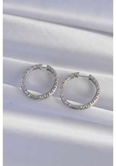 Pirinç Gümüş Renk Zirkon Taşlı Motifli Halka Küpe Gold