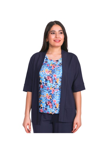 Tolga Saraçoğlu Oversize Minimalist 3/4 Kol Kadın Hırka - Günlük Şıklık Lacivert