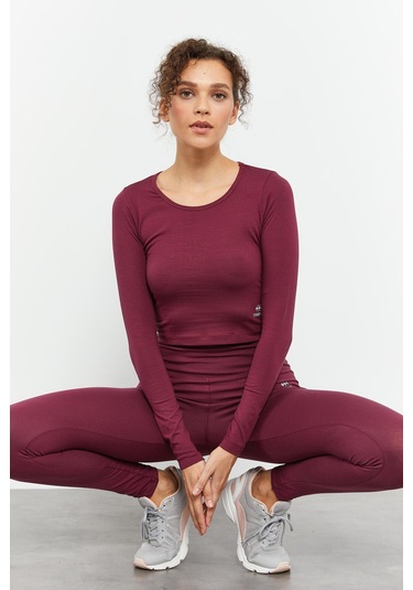 Tommy Life Bordo Uzun Kollu Dar Kalıp O Yaka Kadın Crop Top T-shirt - 97150 Bordo