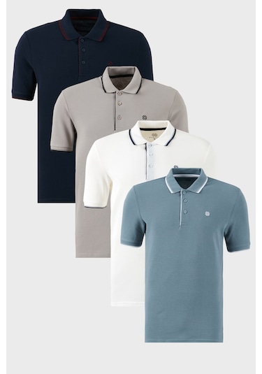 Buratti Pamuklu Slim Fit Şerit Detaylı Düğmeli Polo Yaka 4'Lü Paket Erkek T Shirt 5902118S4 Beyaz-Lacivertbordo-Mavi-Taş