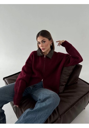 Deri Yakalı Pamuk Dokulu Çift Taraflı Çalışan Fermuar Ceket - Bordo Bordo