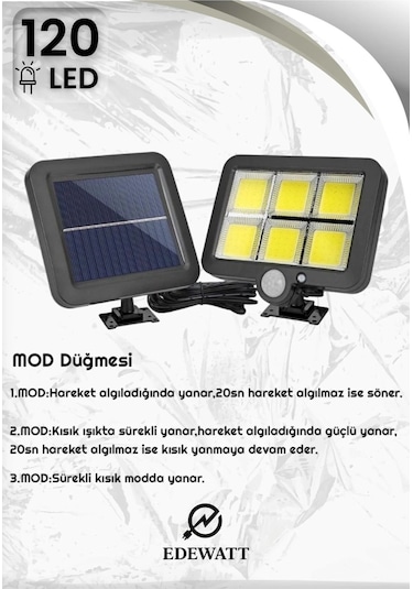 120 Led Ayrı Solar Panel Güneş Enerjili 3 Mod Duvar Lambası 5 Metre Kablolu Bahçe Solar Aydınlatma